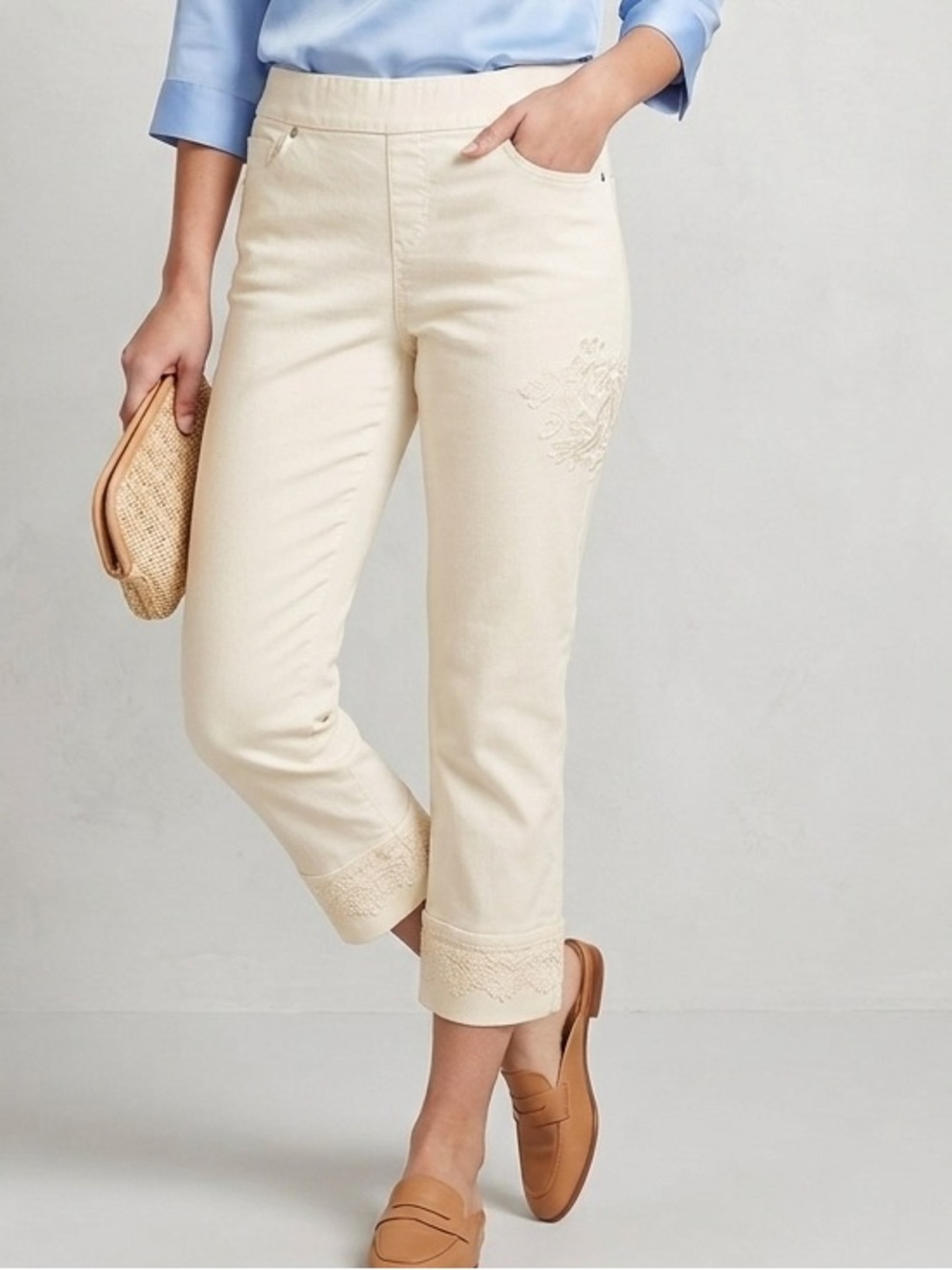 Peck & Peck Cream Cropped Lace Hem Pants